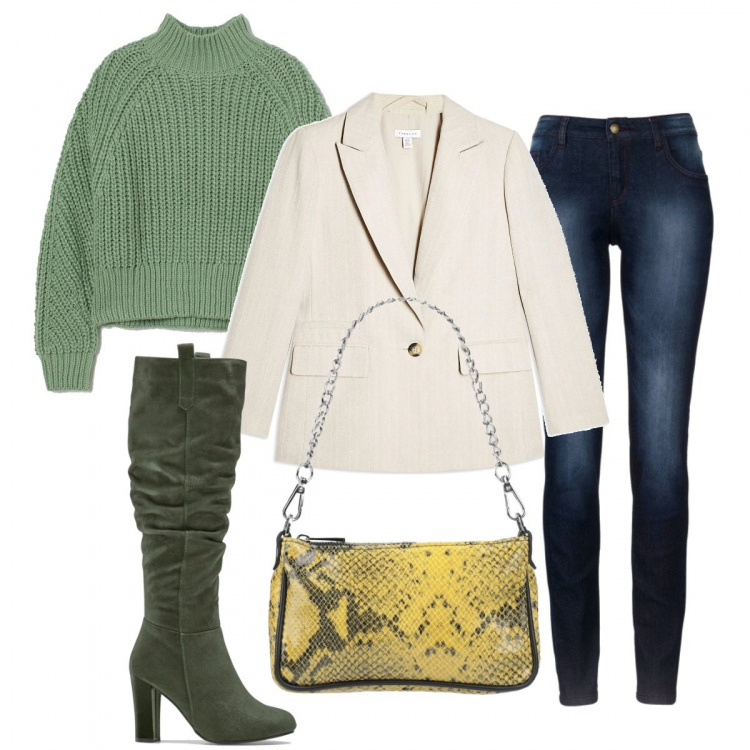 Outfit donna - Sfumature di verde. Stile Urban per Tutti i giorni. Abbinamento con jeans skinny, t-shirt, blazer, borse a mano, pullovers.
