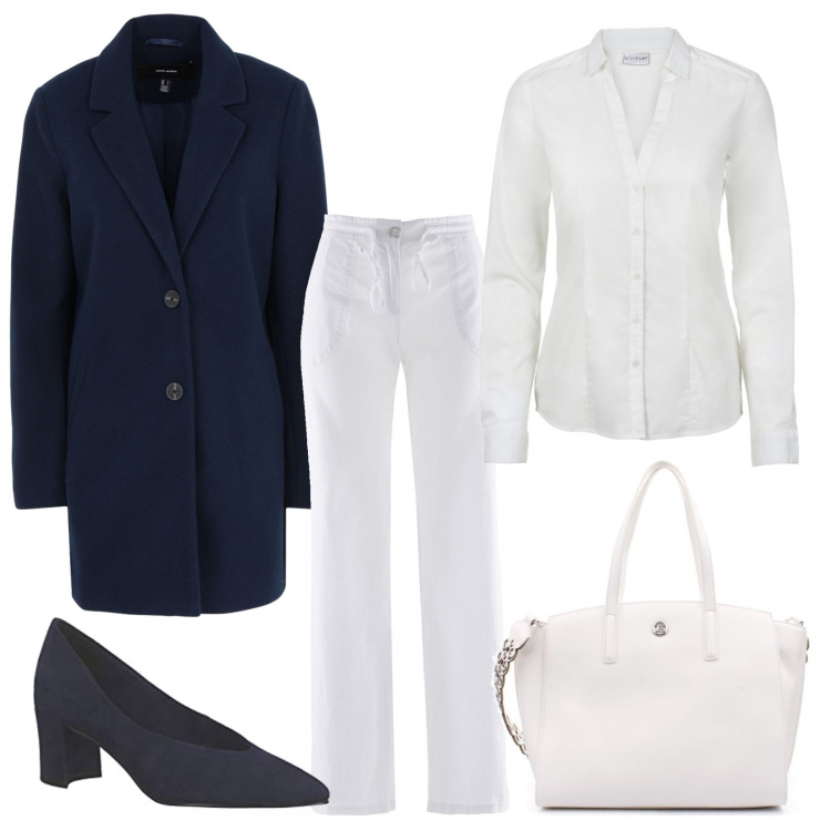 Outfit donna - Il pantalone bianco. Stile Trendy per Tutti i giorni. Abbinamento con pantaloni a palazzo, camicie, cappotti, shopping bag, scarpe col tacco.