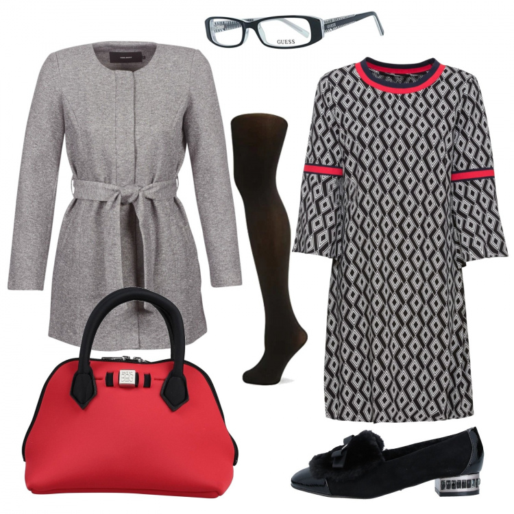 Outfit donna - Eleganti e comode in ufficio. Stile Bon Ton per Ufficio. Abbinamento con vestiti, mocassini, borse a mano, cappotti, occhiali, collant.