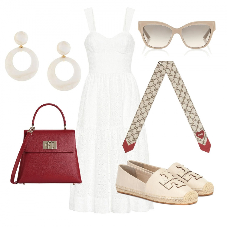 Outfit donna - Voglia d'estate. Stile Basic per Tutti i giorni. Abbinamento con foulard, orecchini, borse a mano, vestiti, espadrillas, occhiali da sole.