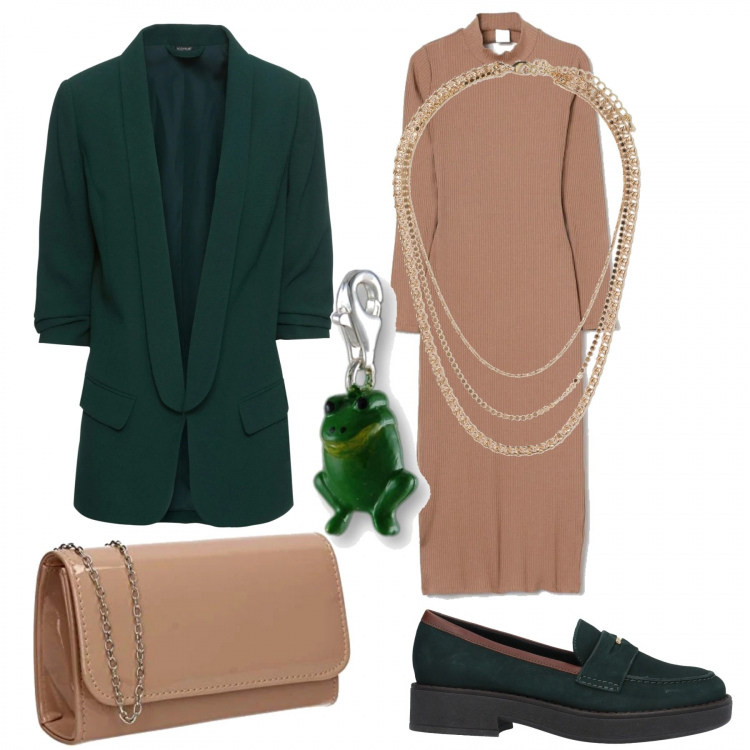 Outfit donna - Blazer verde bosco. Stile Trendy per Ufficio. Abbinamento con blazer, mocassini, vestiti, collane, ciondoli, pochette.