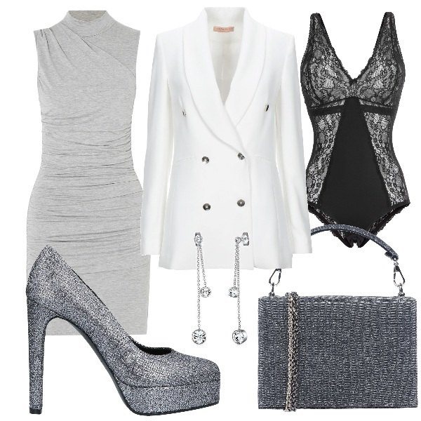 Outfit donna - Successful woman. Stile Chic per Ufficio. Abbinamento con body, décolleté, blazer, borse a mano, vestiti corti, orecchini.