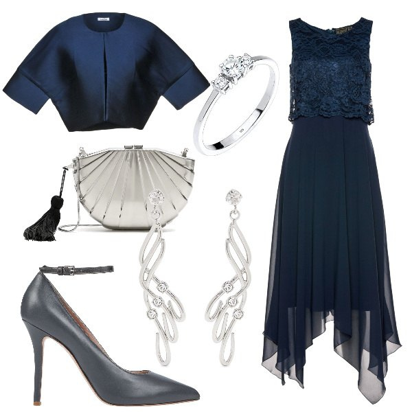 Outfit donna - Chic #4606. Stile Chic per Cerimonia. Abbinamento con vestiti midi/longuette, blazer, décolleté, clutch, orecchini, anelli.