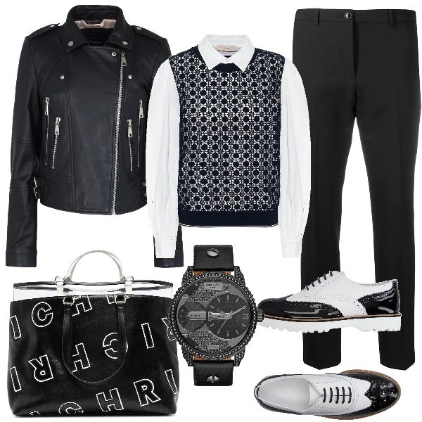 Outfit donna - Mannish style. Stile Trendy per Ufficio. Abbinamento con scarpe stringate, cappotti, orologi, pantaloni, shopping bag, pullovers.