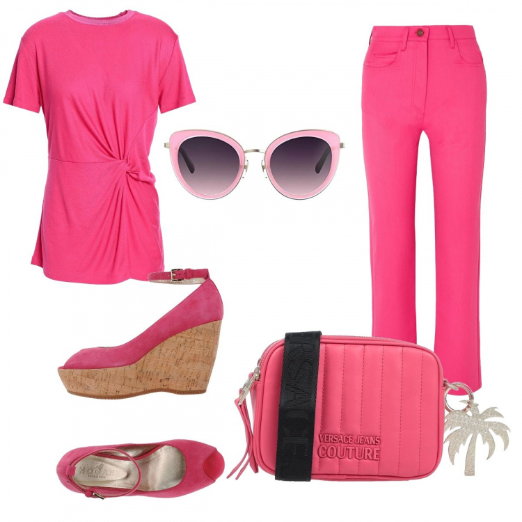 Outfit donna - Zeppa fucsia. Stile Basic per Tutti i giorni. Abbinamento con décolleté, t-shirt, pantaloni, borse a tracolla, occhiali da sole.