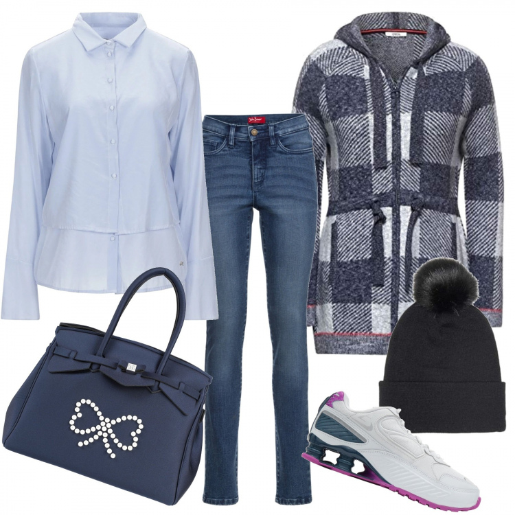 Outfit donna - In jeans. Stile Urban per Tutti i giorni. Abbinamento con jeans slim fit, sneakers, camicie, borse a mano, berretti, cappotti.
