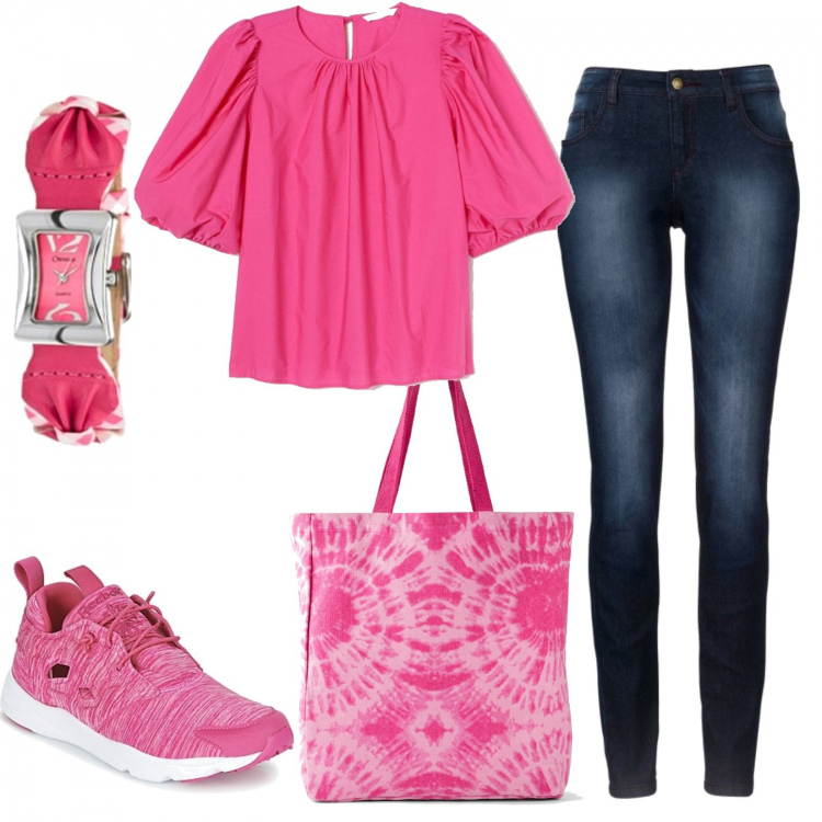 Outfit donna - Comoda in rosa. Stile Basic per Tutti i giorni. Abbinamento con jeans skinny, camicie, scarpe sportive, camicie a manica corta, orologi.