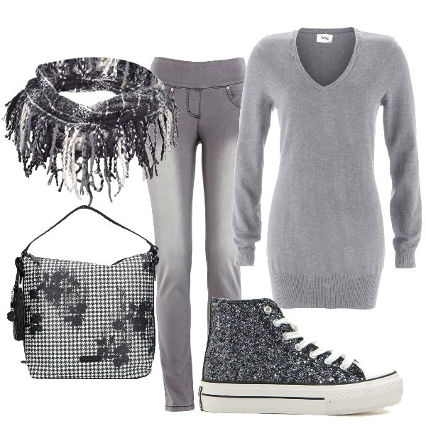 Outfit donna - Sneakers glitter. Stile Trendy per Tutti i giorni. Abbinamento con jeans slim fit, maglioni, borse a spalla, sneakers alte, scialli.