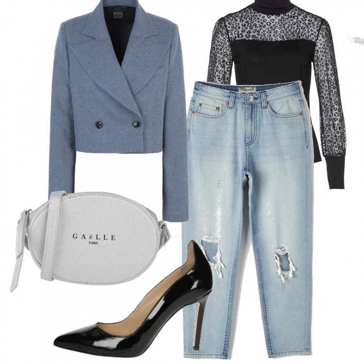 Outfit donna - Destroyed jeans. Stile Trendy per Tutti i giorni. Abbinamento con maglieria, blazer, borse a tracolla, jeans mom, décolleté.