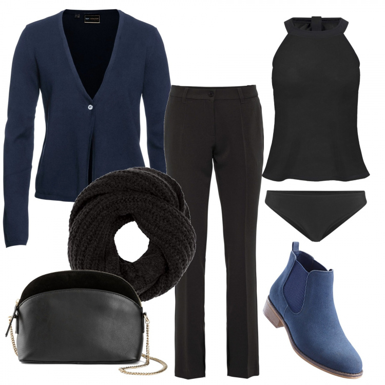 Outfit donna - Blu e nero. Stile Trendy per Tutti i giorni. Abbinamento con cardigans, zaini, stivaletti chelsea, pantaloni, borse a tracolla, berretti.
