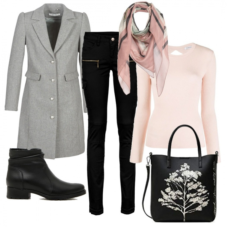 Outfit donna - Giornata all\'università. Stile Basic per Scuola/Università. Abbinamento con pantaloni cargo, foulard, cappotti, maglioni, shopping bag, stivaletti.