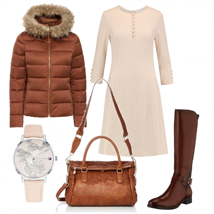 Outfit donna - Lo stivale grintoso. Stile Trendy per Ufficio. Abbinamento con giacche, vestiti corti, stivali, borse a mano, orologi analogici.