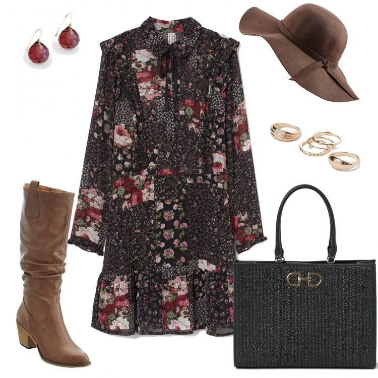 Outfit donna - Girovagando per la città. Stile Etnico per Tutti i giorni. Abbinamento con stivali, orecchini, vestiti corti, shopping bag, anelli, cappelli.