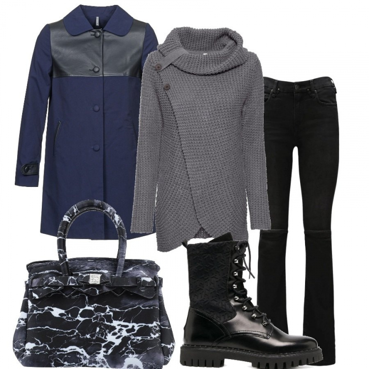 Outfit donna - Pomeriggio trendy. Stile Trendy per Tutti i giorni. Abbinamento con maglieria, borse a mano, cappotti, anfibi, jeans.