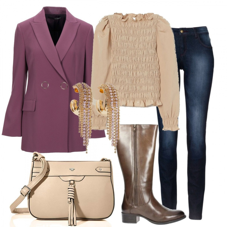 Outfit donna - Allure english style. Stile Urban per Tutti i giorni. Abbinamento con jeans skinny, blazer, stivali, camicie, borse a tracolla, orecchini.