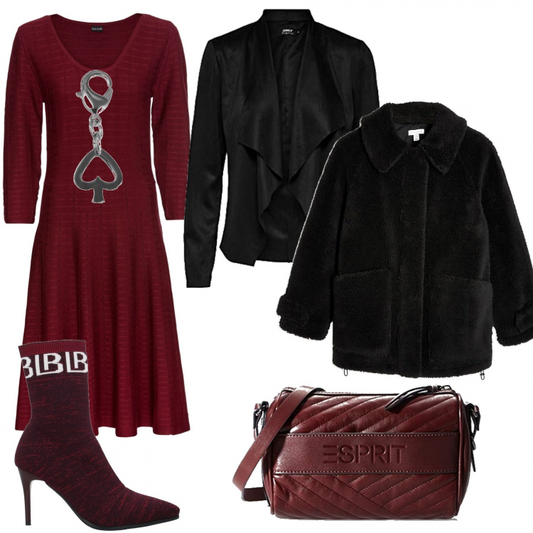 Outfit donna - Focus vestito. Stile Trendy per Ufficio. Abbinamento con stivaletti, cappotti, vestiti, blazer, ciondoli, borse a tracolla.