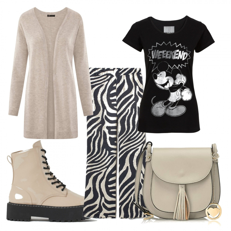 Outfit donna - Pazzerella!. Stile Trendy per Scuola/Università. Abbinamento con t-shirt, cardigans, stivaletti, borse a spalla, pantaloni.