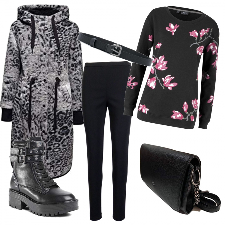 Outfit donna - Il pantalone nero. Stile Trendy per Tutti i giorni. Abbinamento con felpe, cinture, cappotti, pantaloni, borse a tracolla, anfibi.