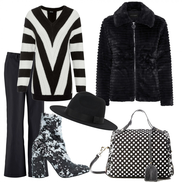 Outfit donna - Focus accessori curvyplus. Stile Trendy per Ufficio. Abbinamento con stivaletti, pantaloni, maglieria, ecopellicce, borse a spalla, cappelli.