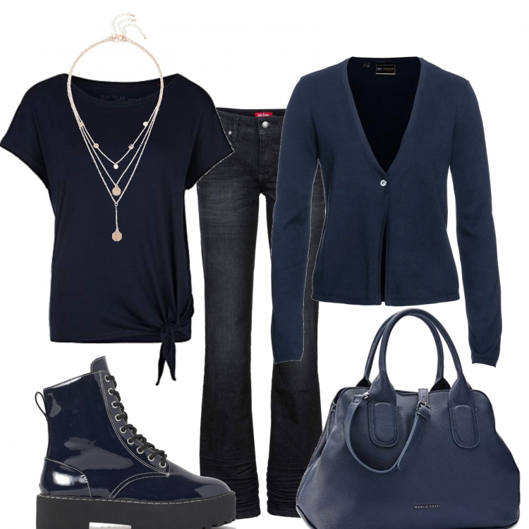 Outfit donna - Il guardaroba di @Thalida. Stile Basic per Tutti i giorni. Abbinamento con cardigans, jeans bootcut, ciondoli, borse a mano, t-shirt, stivaletti.