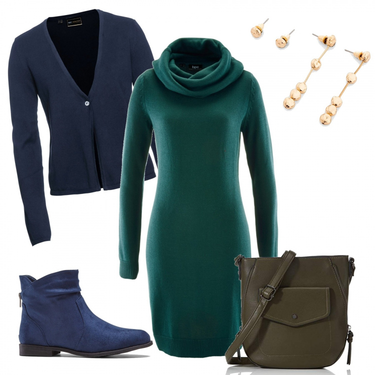 Outfit donna - Look da giorno. Stile Trendy per Tutti i giorni. Abbinamento con cardigans, stivaletti, vestiti, orecchini, borse a spalla.
