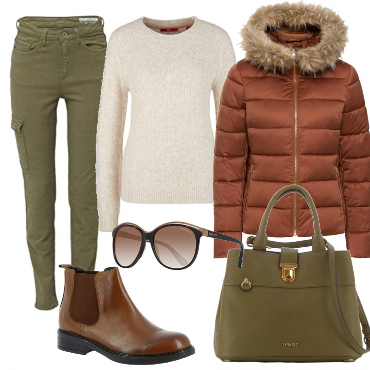Outfit donna - Curvy. Stile Trendy per Tutti i giorni. Abbinamento con giacche, stivaletti chelsea, borse a mano, jeans, occhiali da sole, pullovers.