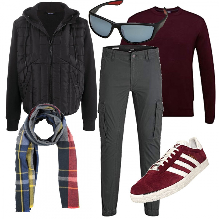 Outfit uomo - Il bomber trapuntato col cappuccio. Stile Urban per Tutti i giorni. Abbinamento con bomber, sciarpe, pantaloni, scarpe stringate, occhiali da sole, maglioni.