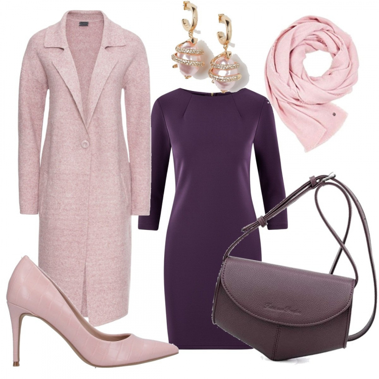 Outfit donna - Un appuntamento col Capo. Stile Bon Ton per Ufficio. Abbinamento con cappotti, décolleté, vestiti corti, borse a tracolla, orecchini, sciarpe.