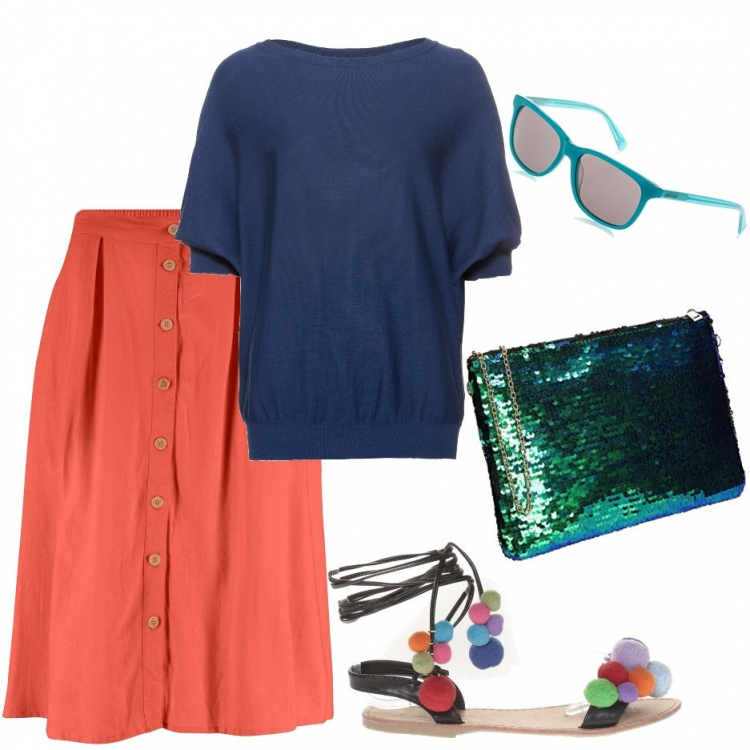 Outfit donna - Curvy SuperTrendy in Colorblock. Stile Trendy per Tutti i giorni. Abbinamento con maglieria, gonne, sandali, pochette, occhiali da sole.