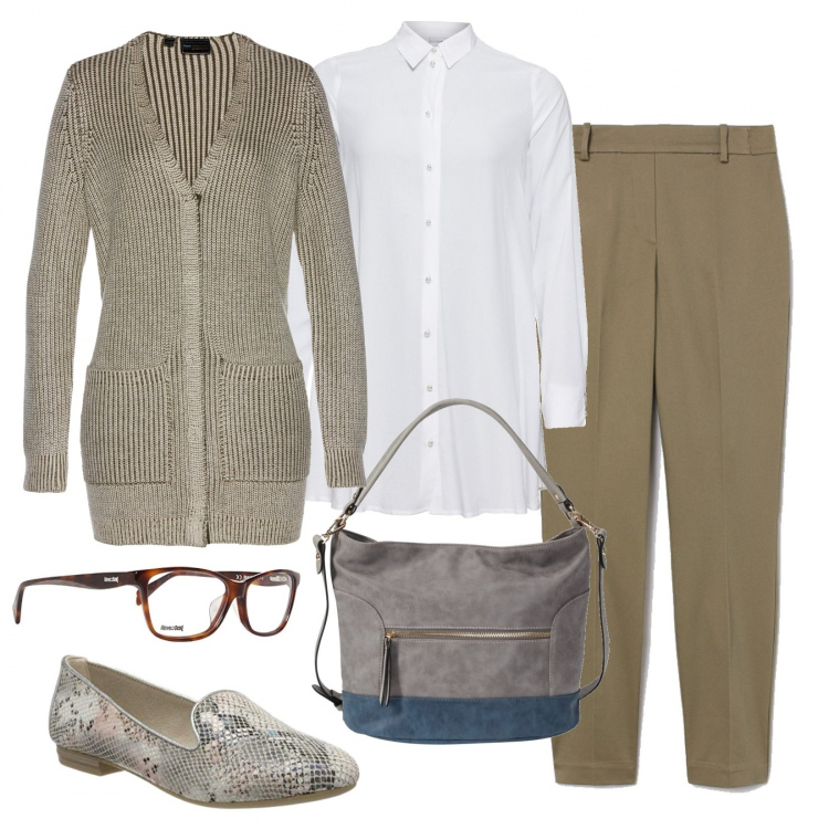 Outfit donna - Trendy #10234. Stile Trendy per Tutti i giorni. Abbinamento con camicie, cardigans, borse a mano, pantaloni, mocassini, occhiali.