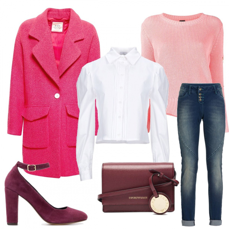 Outfit donna - Trendy #9457. Stile Trendy per Tutti i giorni. Abbinamento con jeans boyfriend, camicie, borse a tracolla, décolleté, maglieria, cappotti.