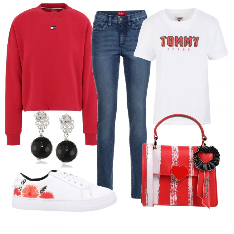 Outfit donna - White and red. Stile Trendy per Tutti i giorni. Abbinamento con jeans slim fit, felpe, t-shirt, sneakers, borse a tracolla, orecchini.