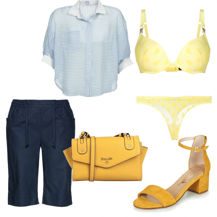 Outfit donna - Sun. Stile Bon Ton per Tutti i giorni. look ideale per Petite. Abbinamento con bermuda, borse a tracolla, sandali, camicie, perizomi, reggiseni a balconcino.
