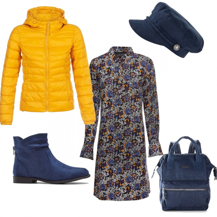 Outfit donna - Vivere a colori. Stile Urban per Scuola/Università. Abbinamento con stivaletti, vestiti chemisier, zaini, cappelli, piumini.