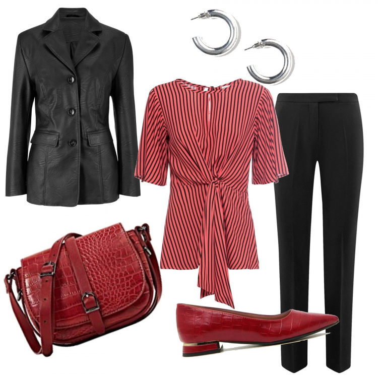 Outfit donna - Rosso in ufficio. Stile Urban per Ufficio. Abbinamento con blazer, bluse, ballerine, pantaloni, borse a tracolla, orecchini.