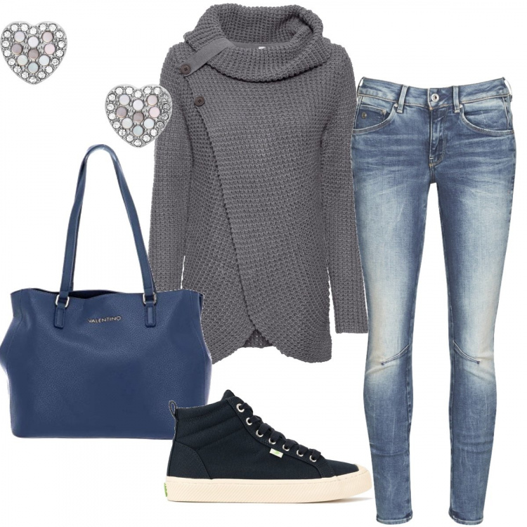 Outfit donna - Basic #5023. Stile Basic per Tutti i giorni. Abbinamento con maglieria, orecchini, jeans skinny, sneakers alte, borse tote.