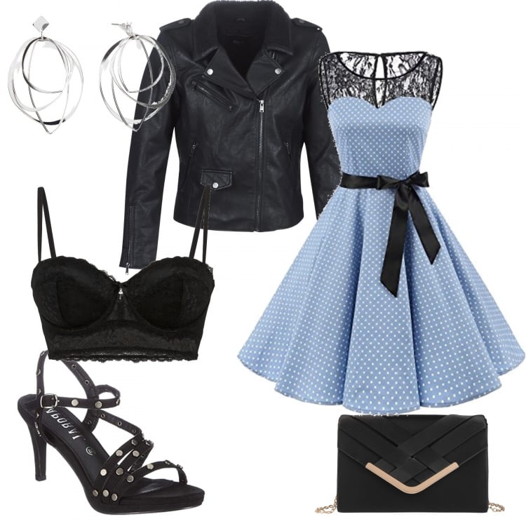 Outfit donna - Ruota. Stile Rock per Serata fuori. look ideale per Tall. Abbinamento con reggiseni a balconcino, pochette, jeans dritti, blazer, vestiti senza maniche, scarpe col tacco.