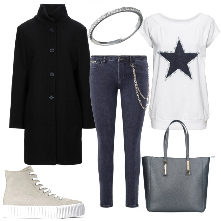 Outfit donna - Starlette. Stile Rock per Tutti i giorni. look ideale per Tall. Abbinamento con t-shirt, cappotti, shopping bag, jeans skinny, sneakers alte, anelli.