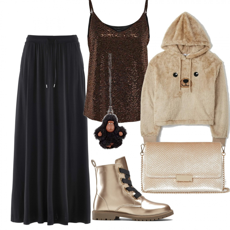 Outfit donna - Peluches. Stile Rock per Scuola/Università. look ideale per Tall. Abbinamento con gonne, stivaletti, felpe con cappuccio, camicie, clutch, anelli.