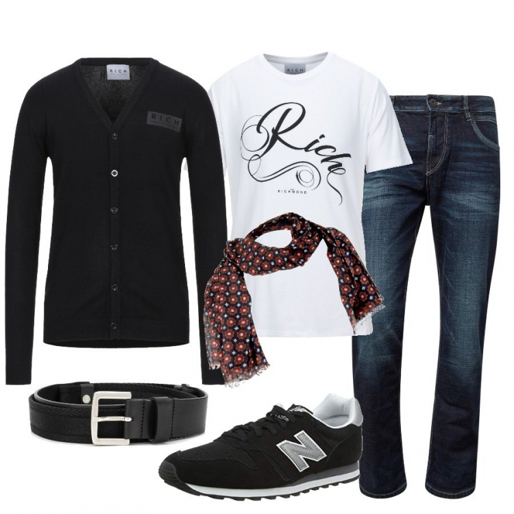 Outfit uomo - Per Lui. Stile Trendy per Tutti i giorni. Abbinamento con cinture, cardigans, t-shirt, sneakers, jeans dritti, sciarpe.