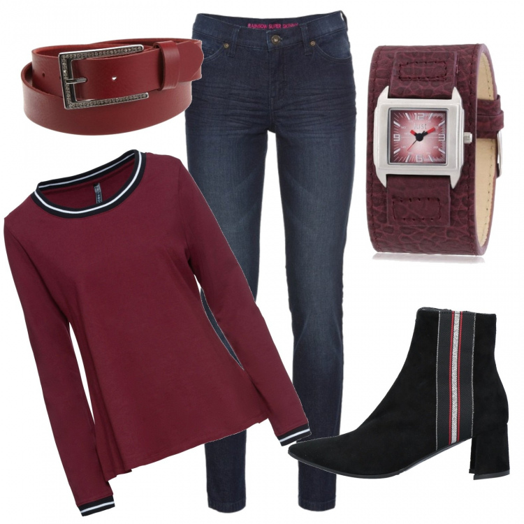 Outfit donna - Urban #3277. Stile Urban per Scuola/Università. Abbinamento con jeans skinny, maglieria, stivaletti, orologi, cinture.
