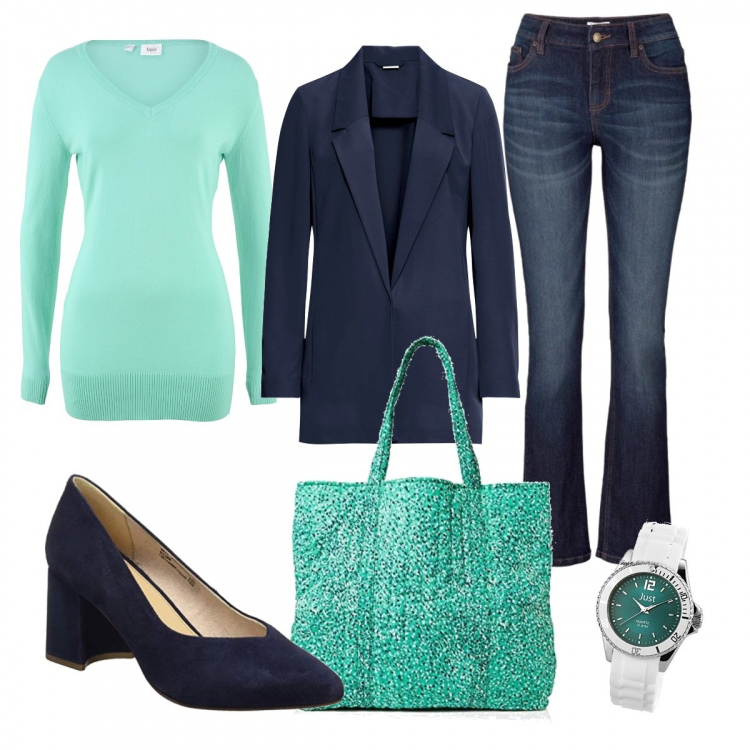 Outfit donna - Trendy #9778. Stile Trendy per Ufficio. Abbinamento con jeans bootcut, maglioni, blazer, scarpe col tacco, borse tote, orologi.