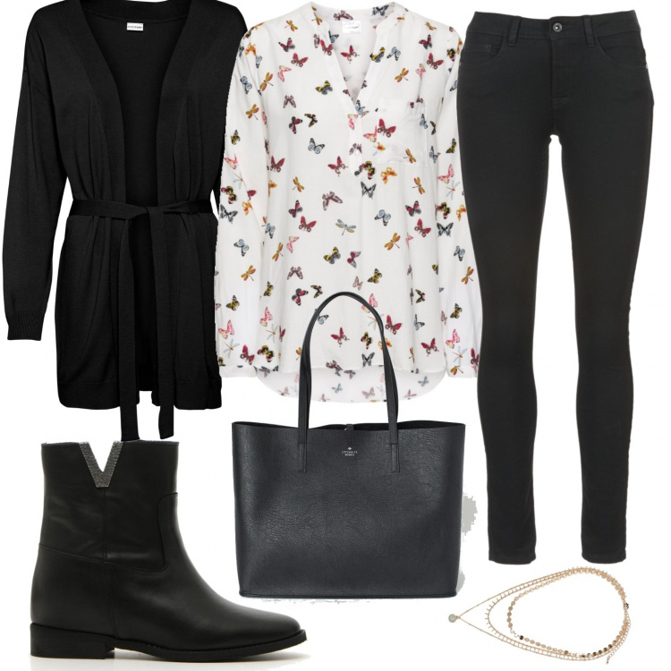 Outfit donna - Ritorno in ufficio. Stile Basic per Ufficio. Abbinamento con bluse, cardigans, jeans, stivaletti, ciondoli, shopping bag.
