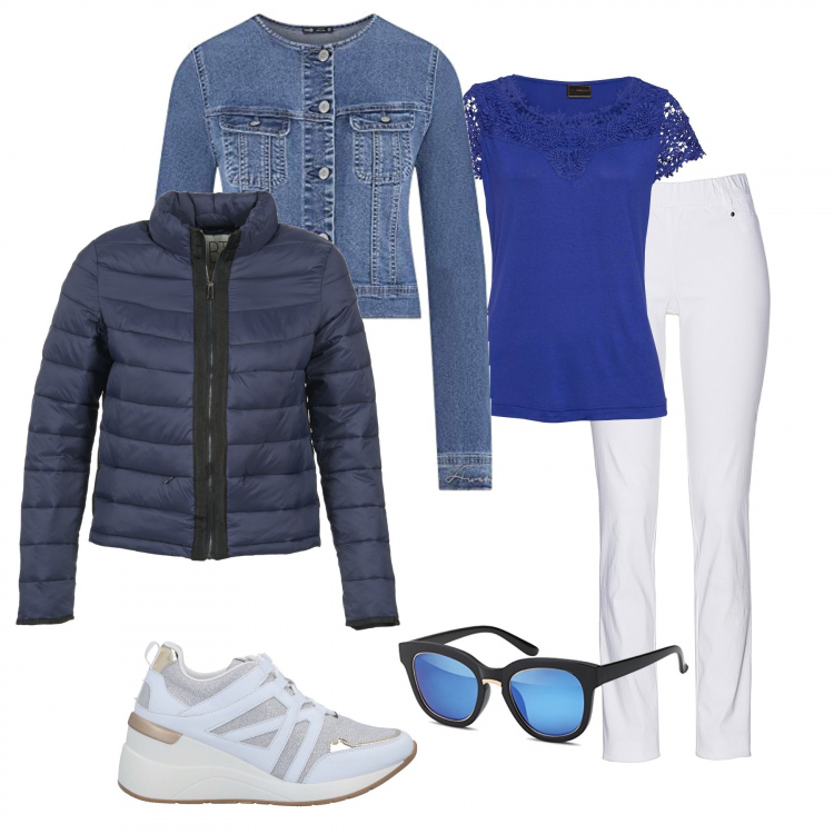 Outfit donna - La maglia in pizzo. Stile Trendy per Tutti i giorni. Abbinamento con pantaloni, maglieria, sneakers, piumini, giacche, occhiali da sole.