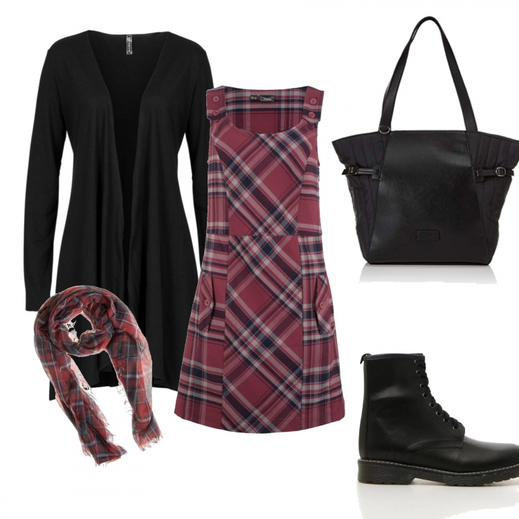 Outfit donna - Basic #4857. Stile Basic per Tutti i giorni. Abbinamento con cardigans, vestiti corti, sciarpe, anfibi, shopping bag.