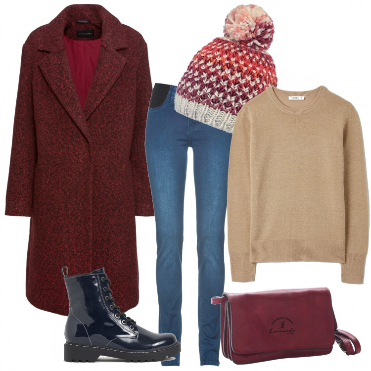 Outfit donna - In libreria. Stile Trendy per Tutti i giorni. Abbinamento con jeans skinny, jeans skinny, maglieria, borse a mano, stivaletti, berretti.