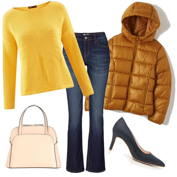 Outfit donna - Appuntamento con la mia amica. Stile Trendy per Tutti i giorni. Abbinamento con jeans bootcut, borse a tracolla, cappotti, maglieria, décolleté.