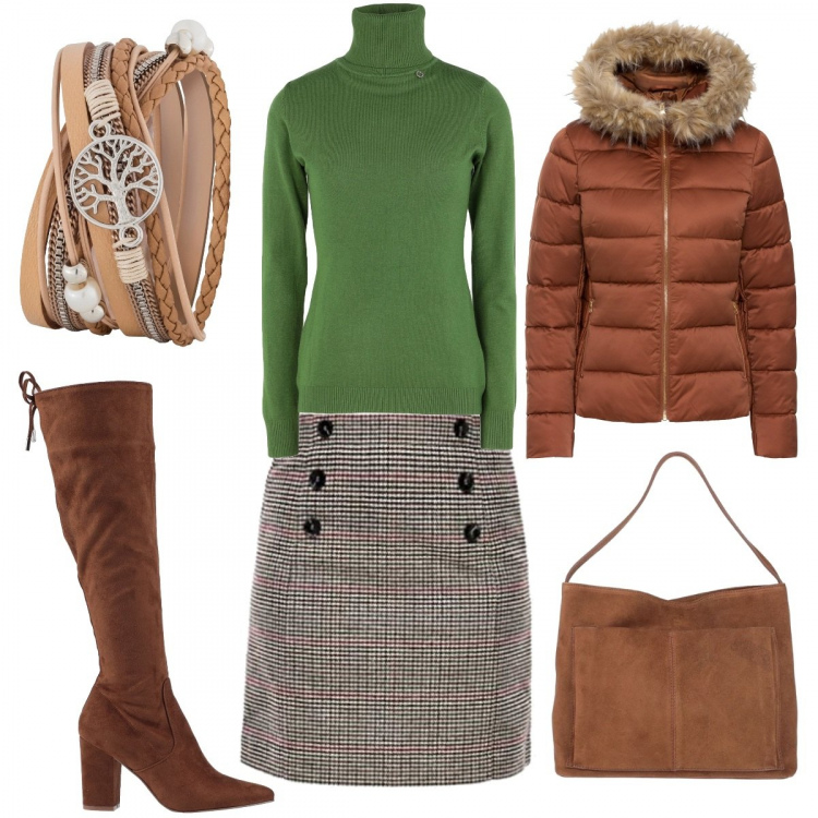Outfit donna - Colori della terra. Stile Urban per Tutti i giorni. Abbinamento con giacche, braccialetti, borse a mano, pullovers, stivali, gonne.