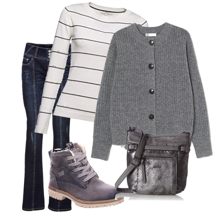 Outfit donna - Il confortevole cardigan grigio. Stile Basic per Tutti i giorni. Abbinamento con jeans bootcut, cardigans, stivaletti, maglioni, borse a tracolla.