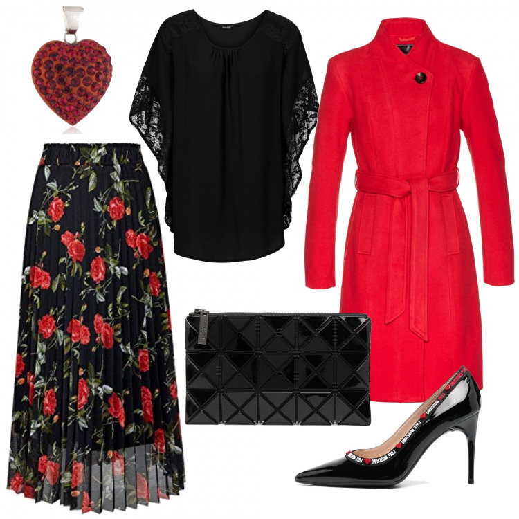 Outfit donna - La cena per San Valentino. Stile Chic per Serata fuori. Abbinamento con bluse, cappotti, décolleté, clutch, gonne, collane.